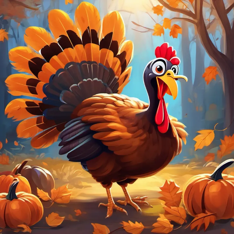 Wacky turkey with brown feathers and curious, bright eyes is excited about his pumpkin adventure.
