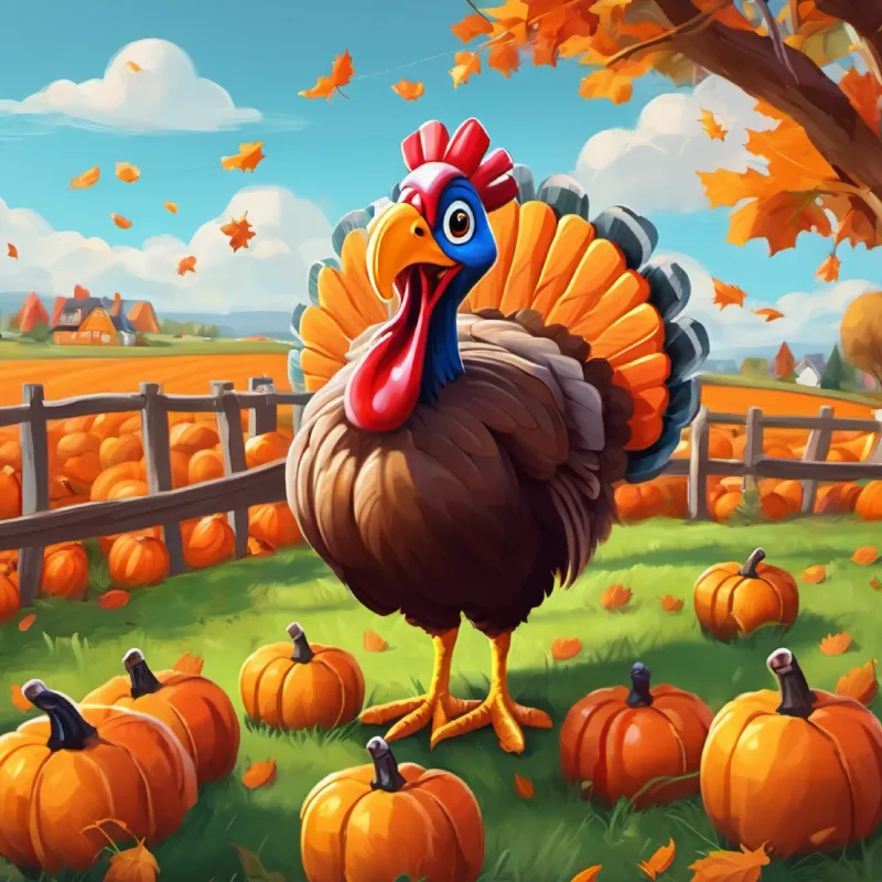 Wacky turkey with brown feathers and curious, bright eyes goes to the pumpkin patch, enjoying the weather.