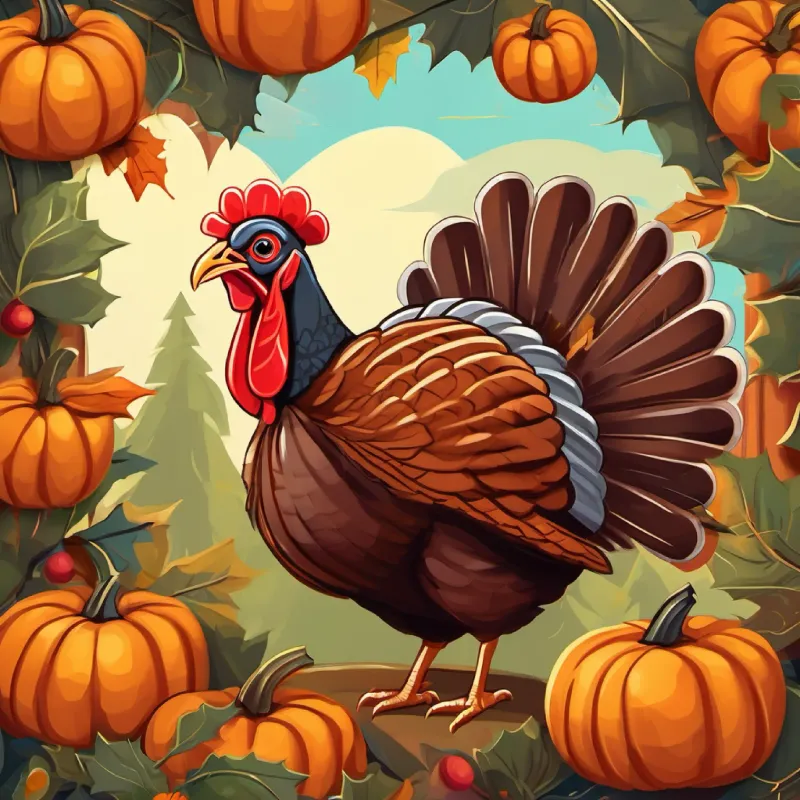 Wacky turkey with brown feathers and curious, bright eyes explores various sized pumpkins in search.
