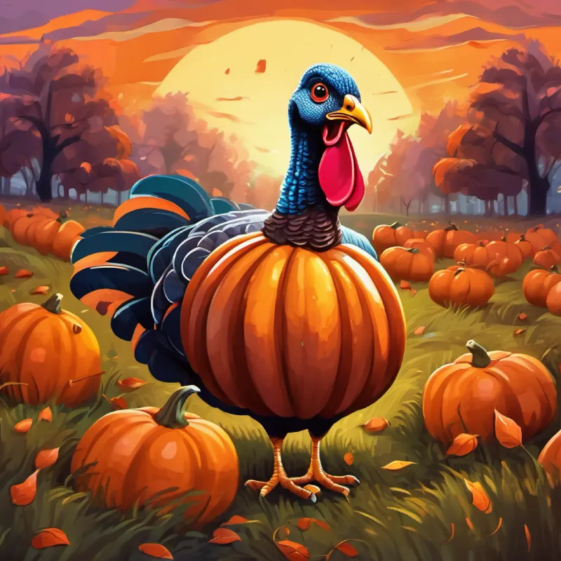 Wacky turkey with brown feathers and curious, bright eyes spots the biggest pumpkin in the patch.