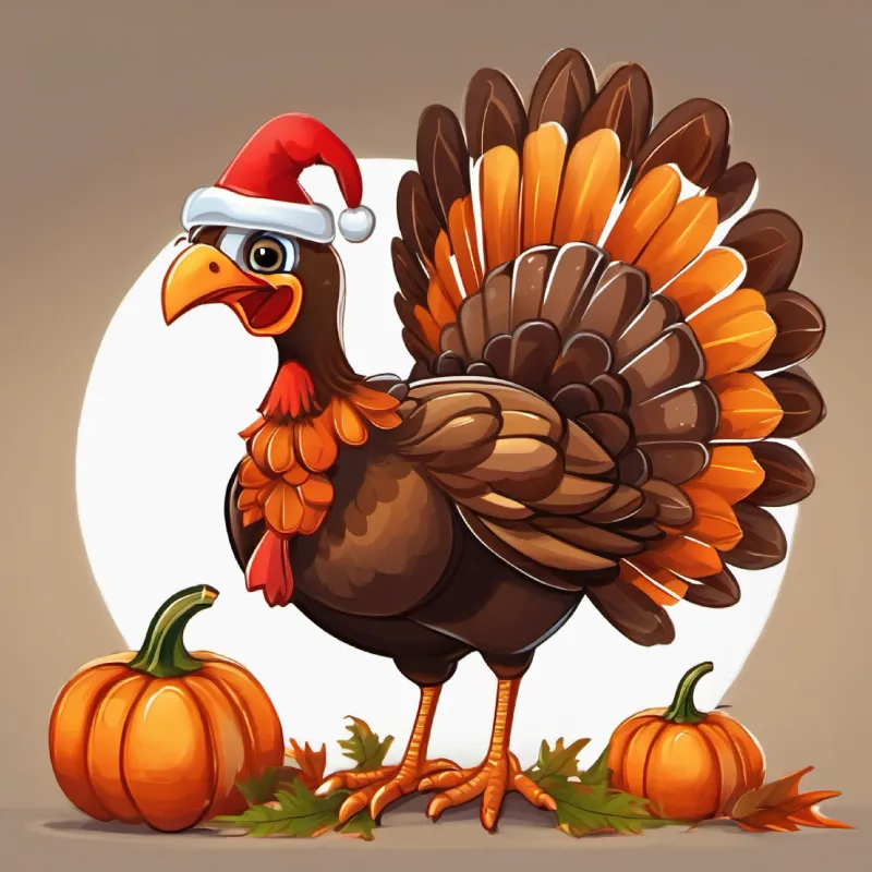 Wacky turkey with brown feathers and curious, bright eyes is happy but puzzled about moving the pumpkin.