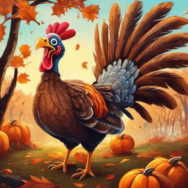 Wacky turkey with brown feathers and curious, bright eyes tries to move the pumpkin but struggles.
