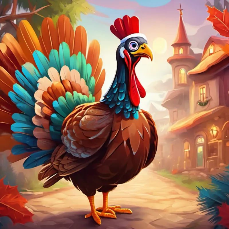 Wacky turkey with brown feathers and curious, bright eyes decides to seek help from his friends.