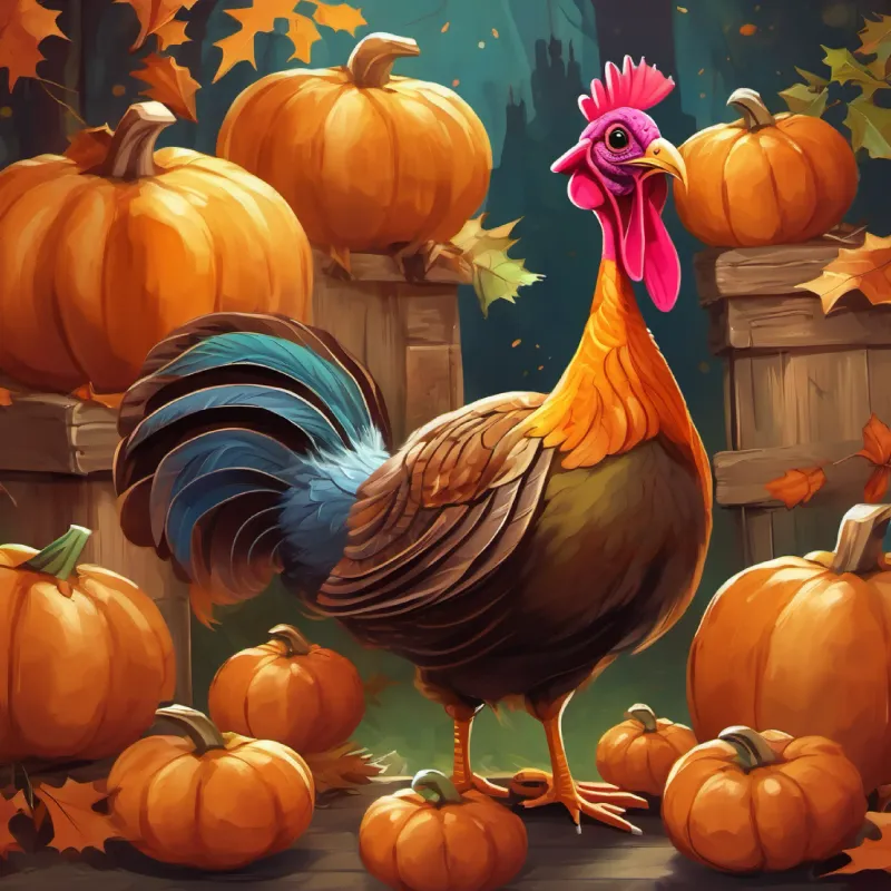 Wacky turkey with brown feathers and curious, bright eyes's friends arrive to help with the pumpkin.