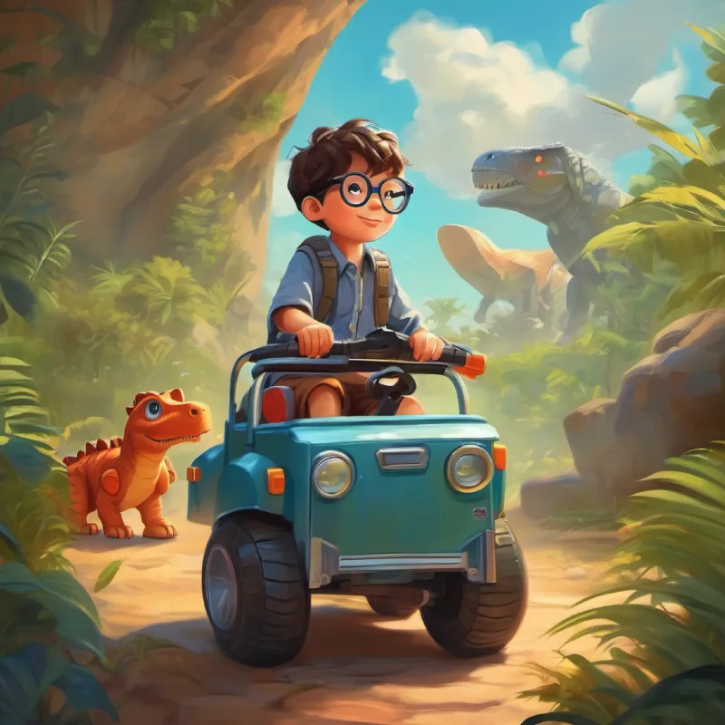 Imaginative boy, big glasses, always full of wonder's first travel takes him to the dinosaurs with his toy robot.