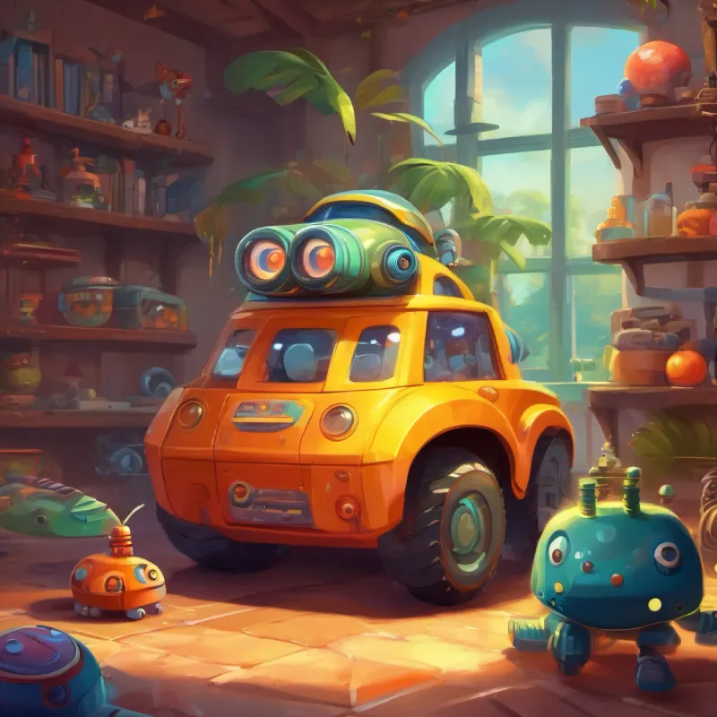 Big, scaly creatures that develop a taste for robot beats dance to the toy robot, altering music in Imaginative boy, big glasses, always full of wonder's world.