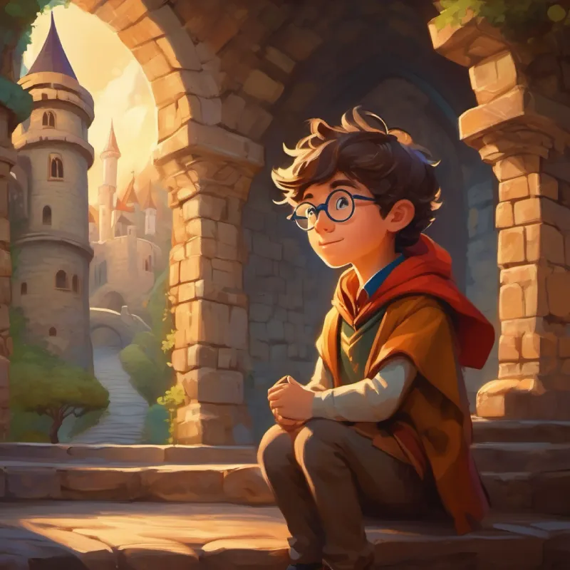 Imaginative boy, big glasses, always full of wonder visits a castle and is mistaken for a wizard by knights and a dragon.