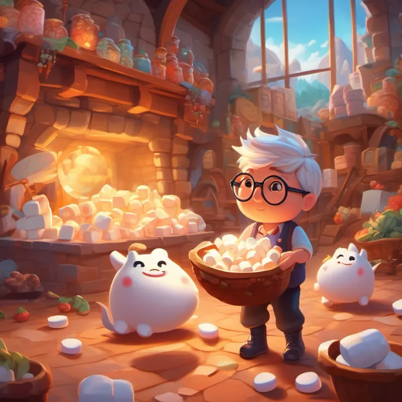 Marshmallows fall through time, leading to dragons and marshmallow shops in Imaginative boy, big glasses, always full of wonder's world.