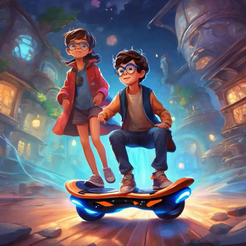 Imaginative boy, big glasses, always full of wonder travels far into the future, meets Future girl with a hoverboard and wisdom about time travel and tries her hoverboard.