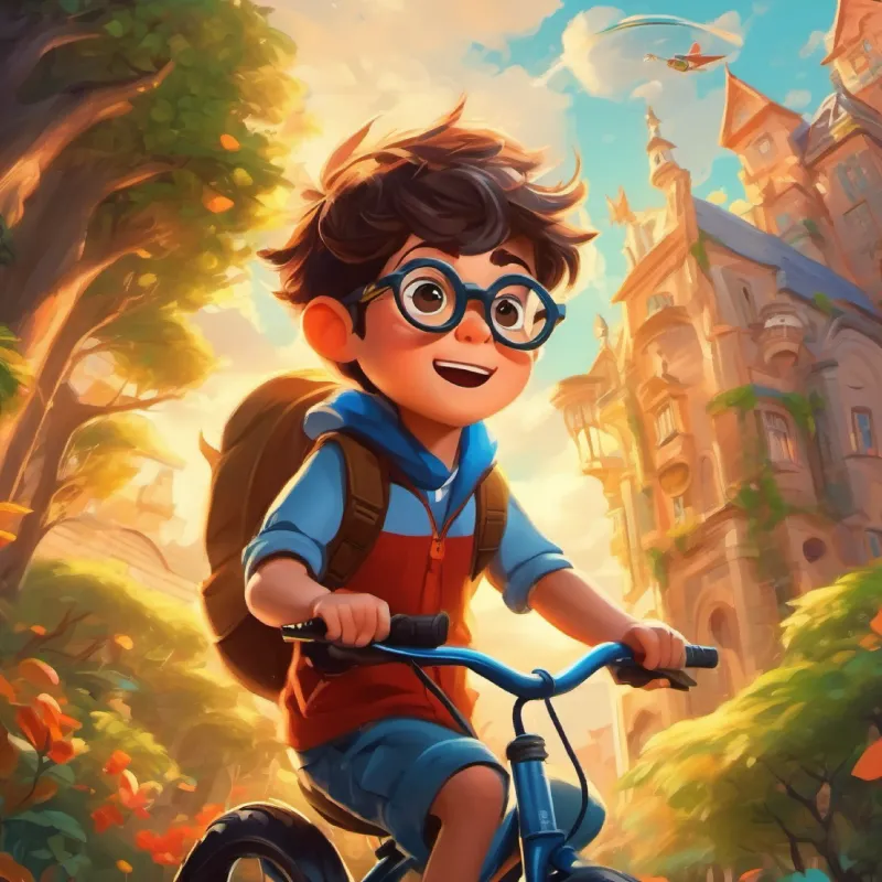 Imaginative boy, big glasses, always full of wonder learns his lesson and the world is full of magic and flying bikes.