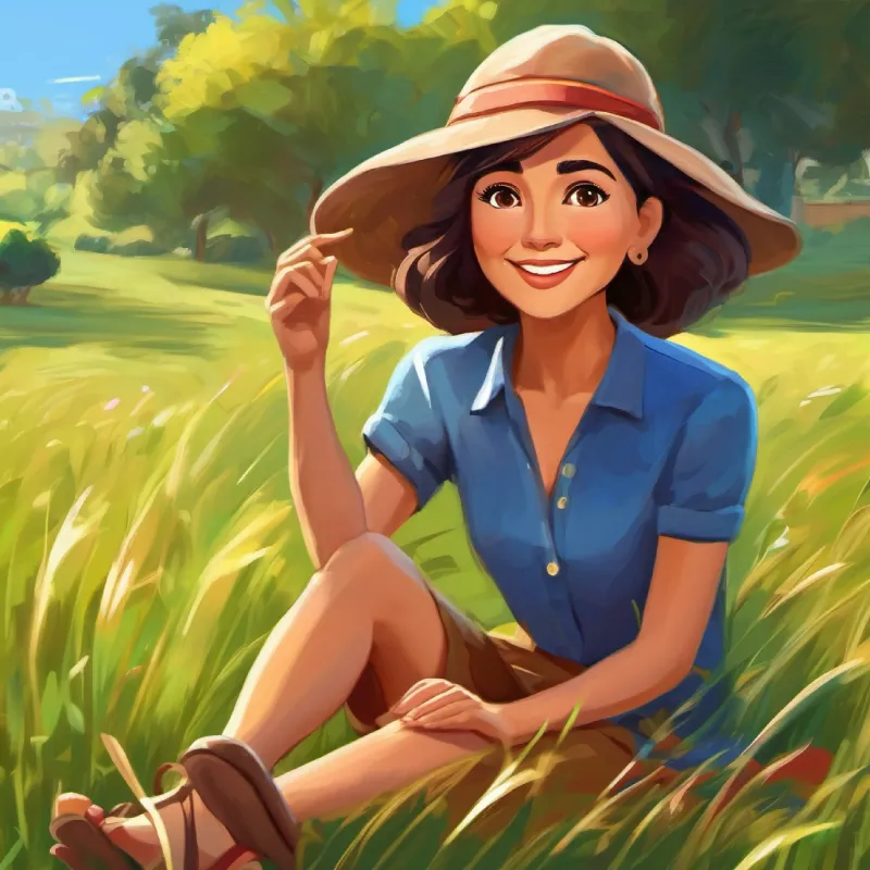 Middle-aged woman, olive skin, brown eyes, warm smile explaining, Young girl, fair skin, blue eyes, curious expression's feet on grass, cheerful mood