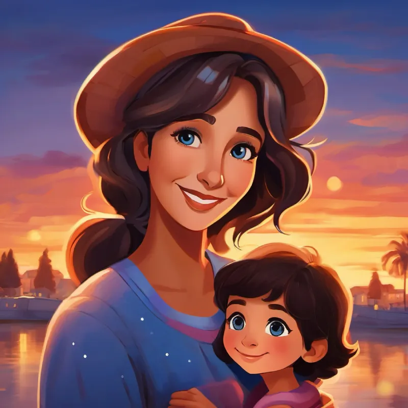 Middle-aged woman, olive skin, brown eyes, warm smile and Young girl, fair skin, blue eyes, curious expression hugging, sunset in the background