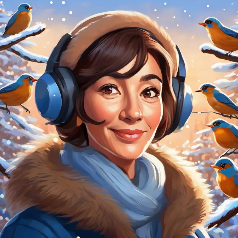 Middle-aged woman, olive skin, brown eyes, warm smile responding, Young girl, fair skin, blue eyes, curious expression listening attentively, birds singing