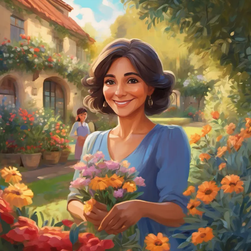 Middle-aged woman, olive skin, brown eyes, warm smile touching Young girl, fair skin, blue eyes, curious expression's hands, garden flowers around