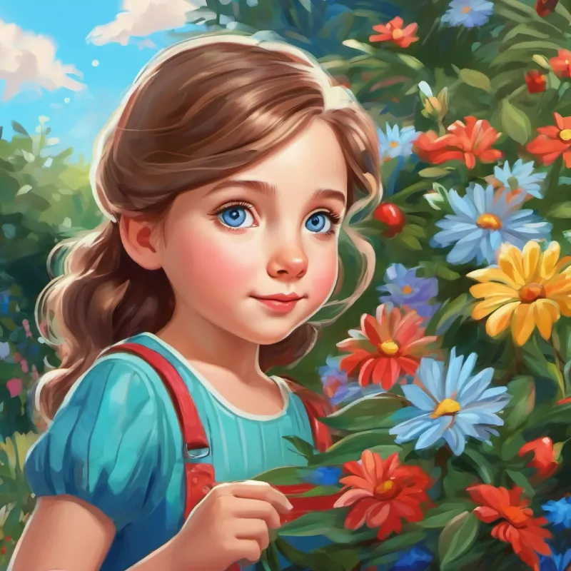 Young girl, fair skin, blue eyes, curious expression's nose tapped, smelling flowers, in the garden
