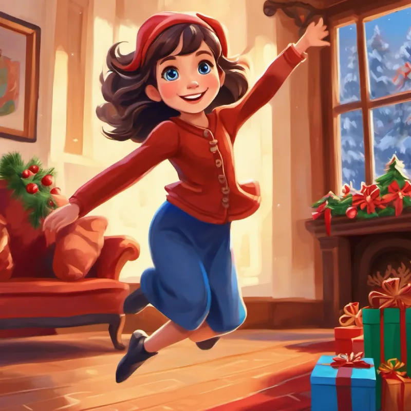 Young girl, fair skin, blue eyes, curious expression jumping, focused on her feet, Middle-aged woman, olive skin, brown eyes, warm smile applauding