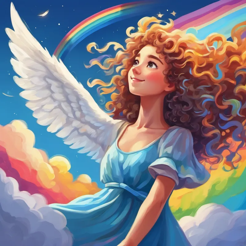 Curly-haired girl in a blue dress and a White with a rainbow-colored mane flying in the sky
