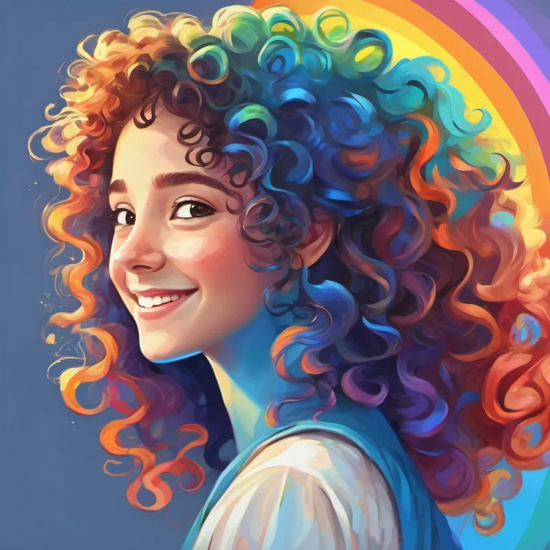 Curly-haired girl in a blue dress smiling on the White with a rainbow-colored mane's back
