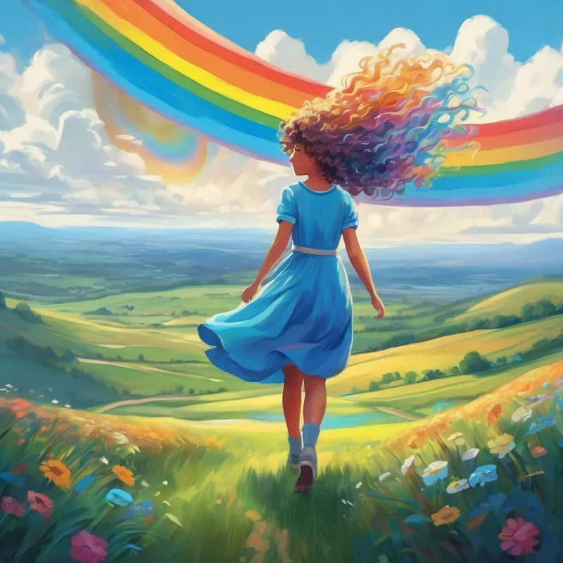 Curly-haired girl in a blue dress and the White with a rainbow-colored mane flying over beautiful landscapes