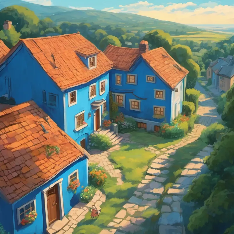 Curly-haired girl in a blue dress looking at her aunt's house from above