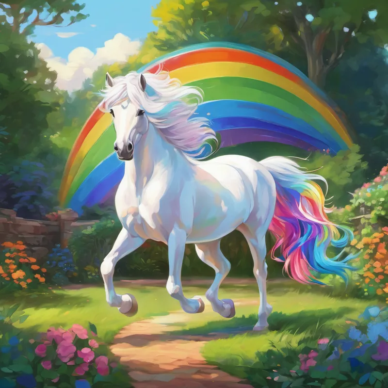 The White with a rainbow-colored mane landing in the backyard