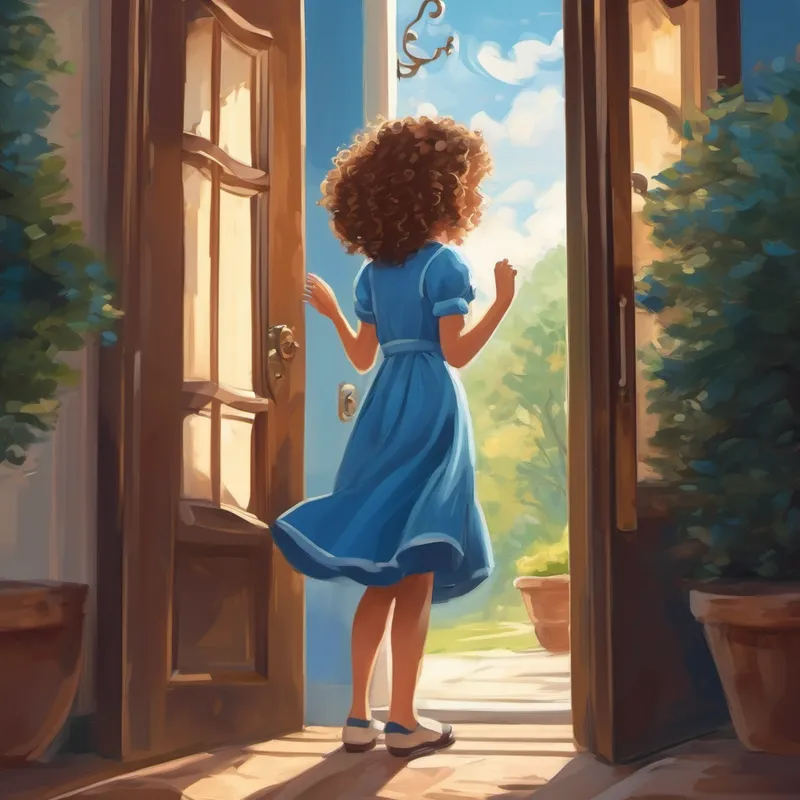 Curly-haired girl in a blue dress knocking on the front door