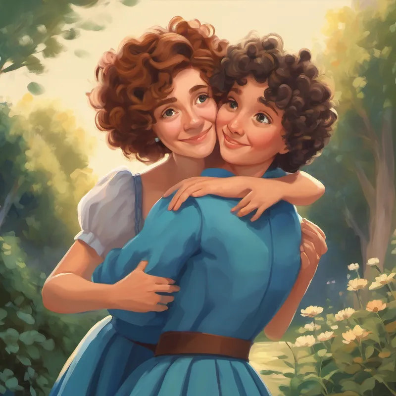 Aunt Bridie hugging Curly-haired girl in a blue dress