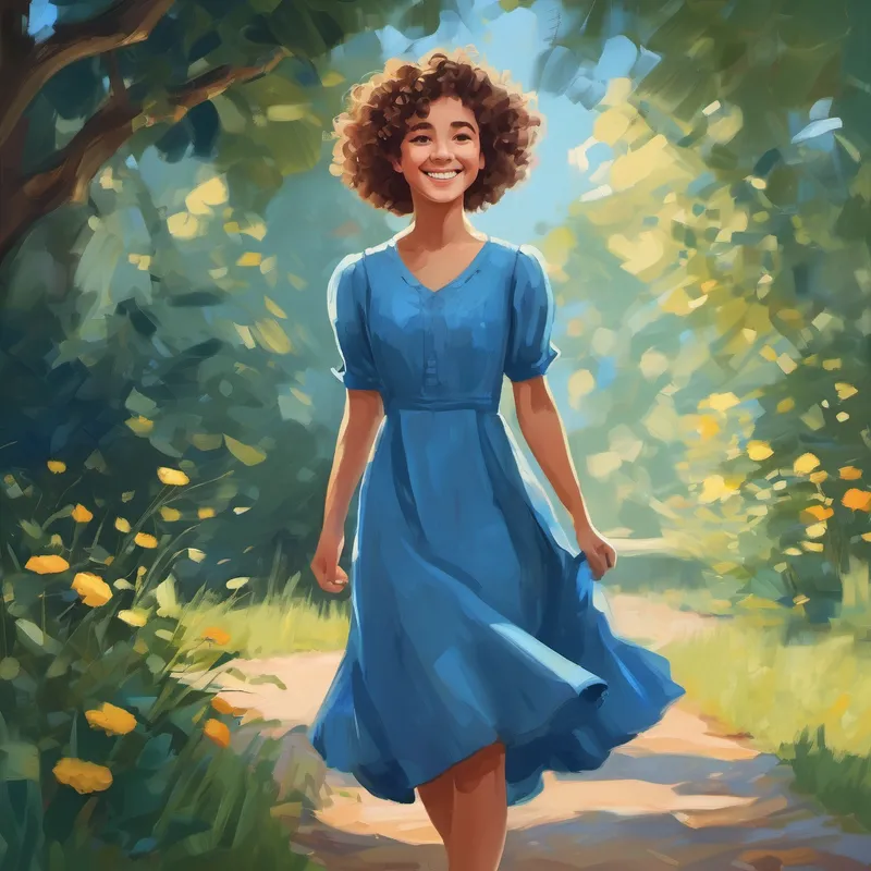 Curly-haired girl in a blue dress smiling with confidence