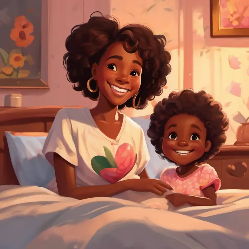 A 5-year-old African girl with a big smile and a heart full of love's mom, sitting up in bed with a big smile, showing she was healed.