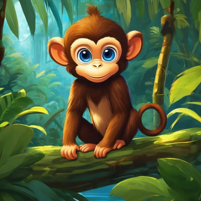 Introduction to the story, setting the scene in a jungle with the main character, Mischievous little monkey, brown fur, curious blue eyes.