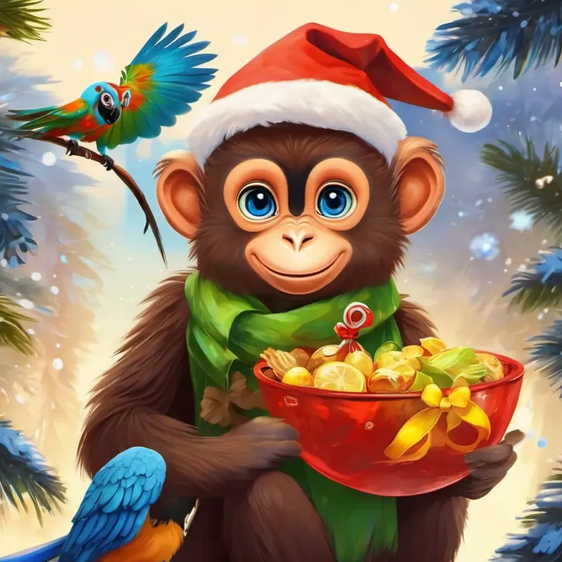 Mischievous little monkey, brown fur, curious blue eyes's encounter with the parrot's warning and his internal conflict between fear and curiosity.