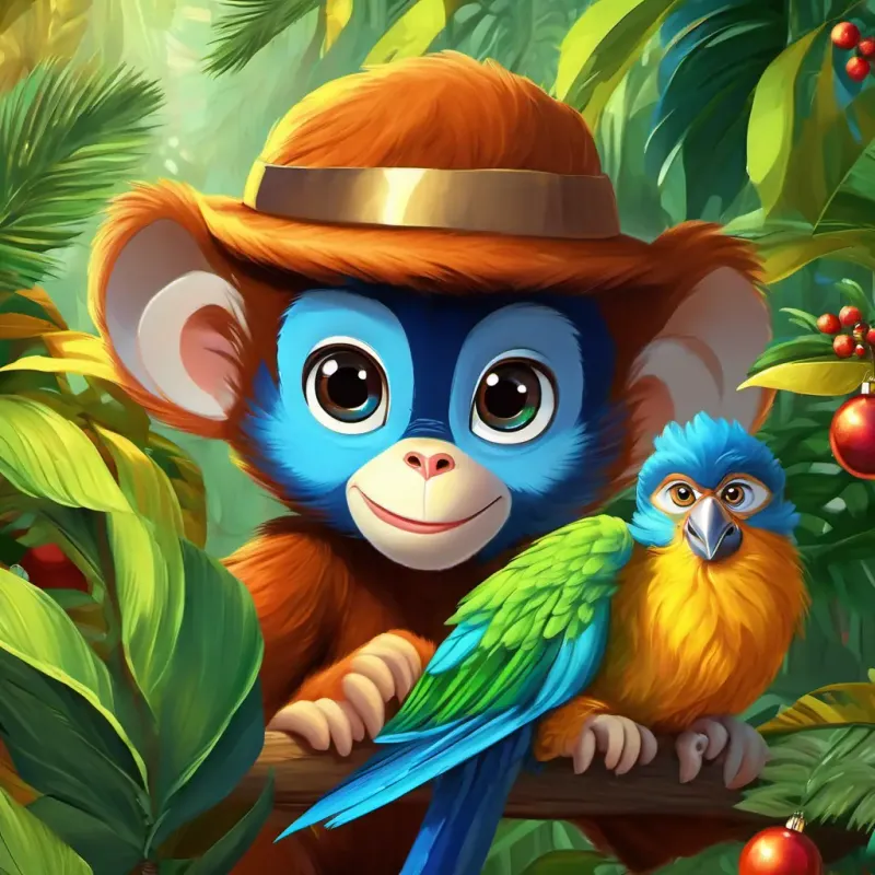 Mischievous little monkey, brown fur, curious blue eyes's surprising and delightful discovery of a peaceful oasis despite the parrot's warning about the tiger.