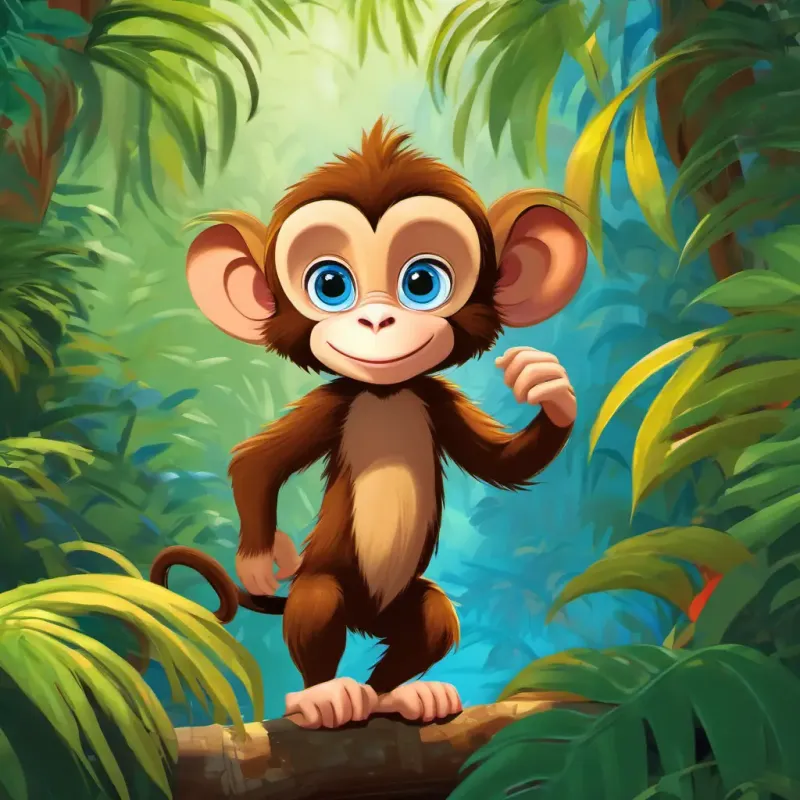 Introduction to the story, setting the scene in a jungle with the main character, Mischievous little monkey, brown fur, curious blue eyes.