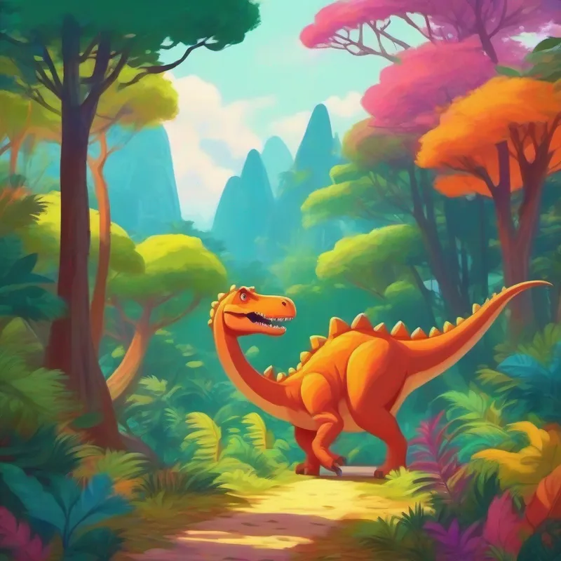 Dinosaur World with tall, colorful trees and friendly dinosaurs.