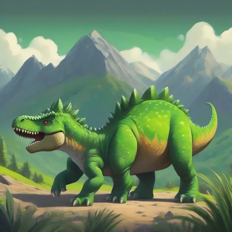Young dinosaur with bright green skin and a playful smile. meeting Old dinosaur with a wise look and a long, gray beard. at the Spiky Mountains.