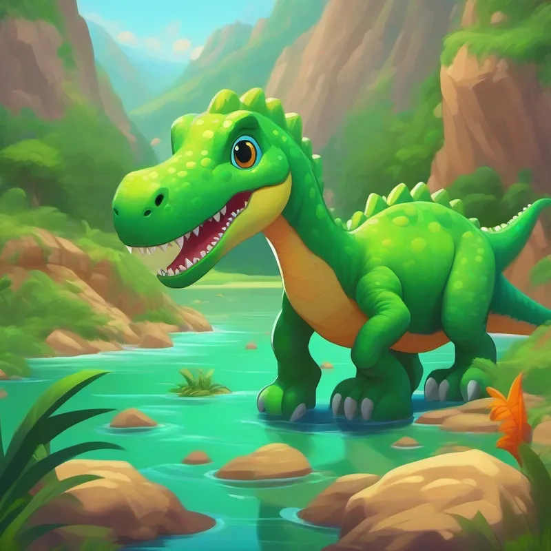 Young dinosaur with bright green skin and a playful smile. and his dinosaur friends crossing rivers and climbing cliffs.
