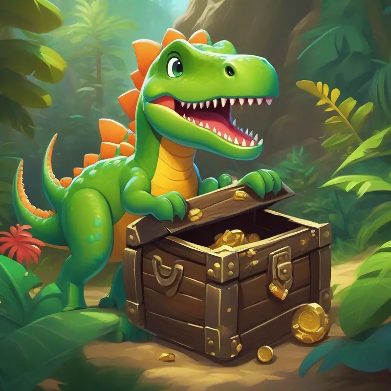 Young dinosaur with bright green skin and a playful smile. and his friends finding the treasure chest.