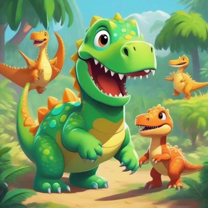 Young dinosaur with bright green skin and a playful smile. and his friends sharing their story with other dinosaurs.