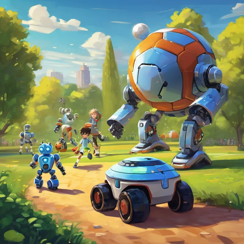 Enes was walking through the park when he saw a group of robots playing soccer. They were having so much fun! Enes couldn't resist joining in. He kicked the ball with all his might and scored a goal. The robots were amazed! They invited Enes to join their team and play more games together.