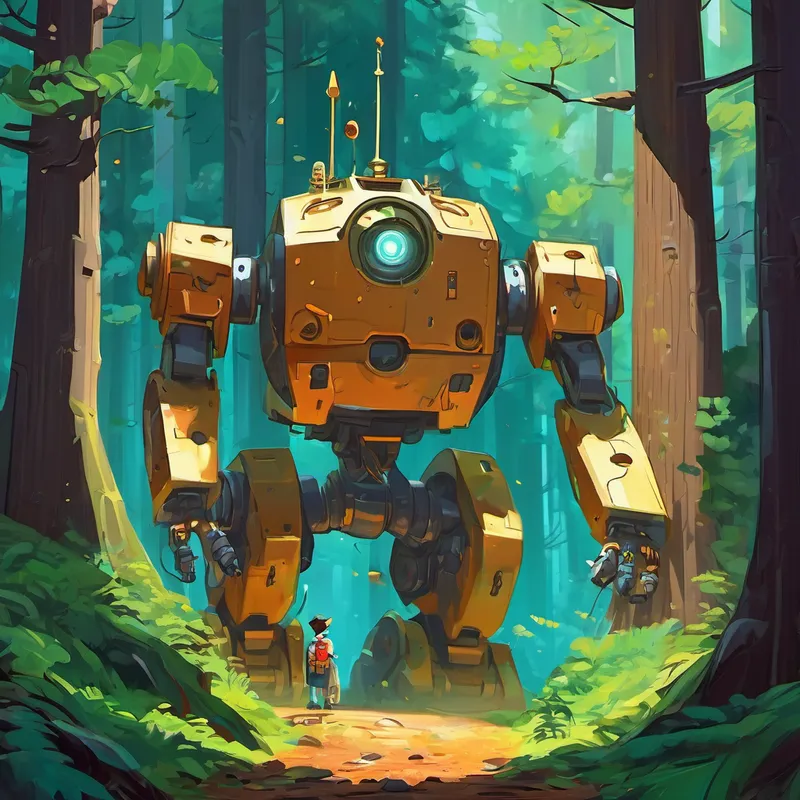 Enes and the robots ventured into the forest, careful not to wake the giant robot. They tiptoed past trees and jumped over fallen branches. Finally, they reached a cave where the treasure was hidden. But just as they were about to grab it, the giant robot woke up!