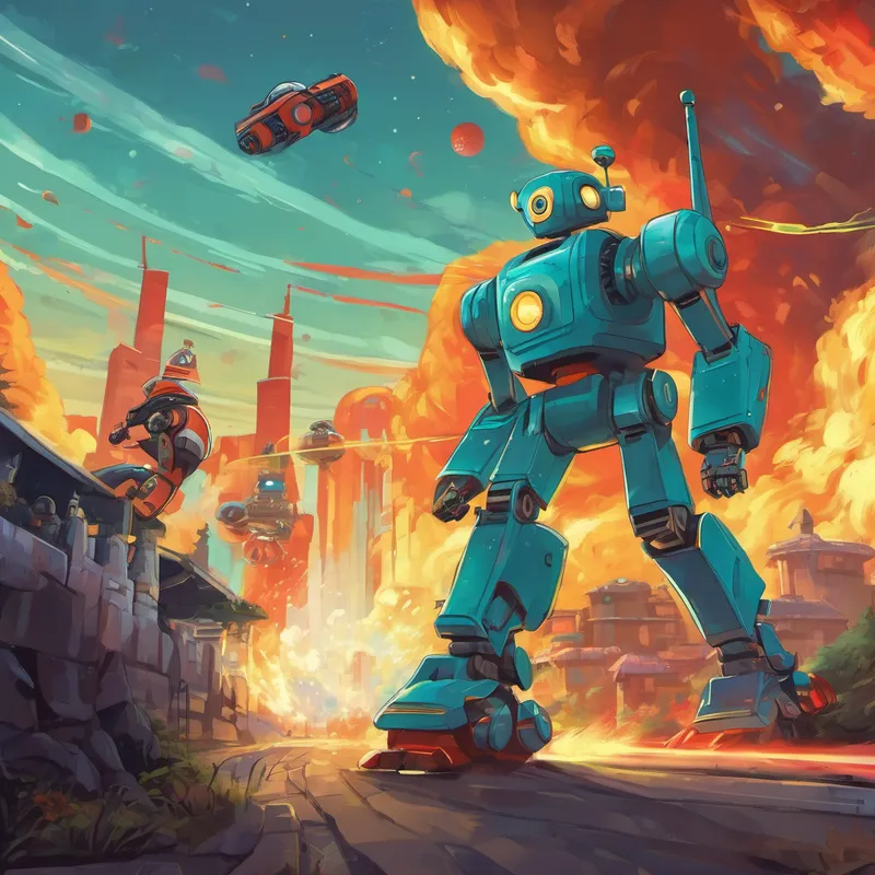 The giant robot started shooting lasers from its eyes, trying to scare them away. But Enes had a brilliant idea. He asked the robots to use their soccer skills to dodge the lasers. They jumped, spun, and kicked the lasers away. Enes was amazed by how agile and fast the robots were!