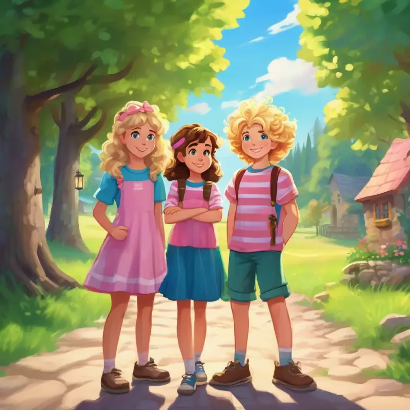 Introducing the friends and setting - small town, magical forest, Curly brown hair, bright blue eyes, freckles, and a pink dress and Messy blond hair, green eyes, a mischievous grin, and a striped t-shirt, sunny day