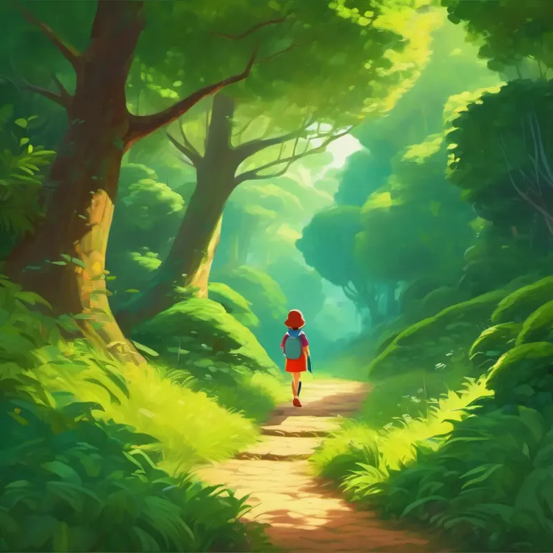 Discovery of hidden path, anticipation, curious friends, lush green trees
