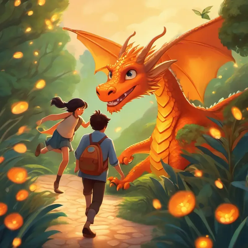 Whimsical adventure, meeting creatures, dancing fireflies, dragon ride with Shiny scales, friendly eyes, billowing orange wings, and a warm smile
