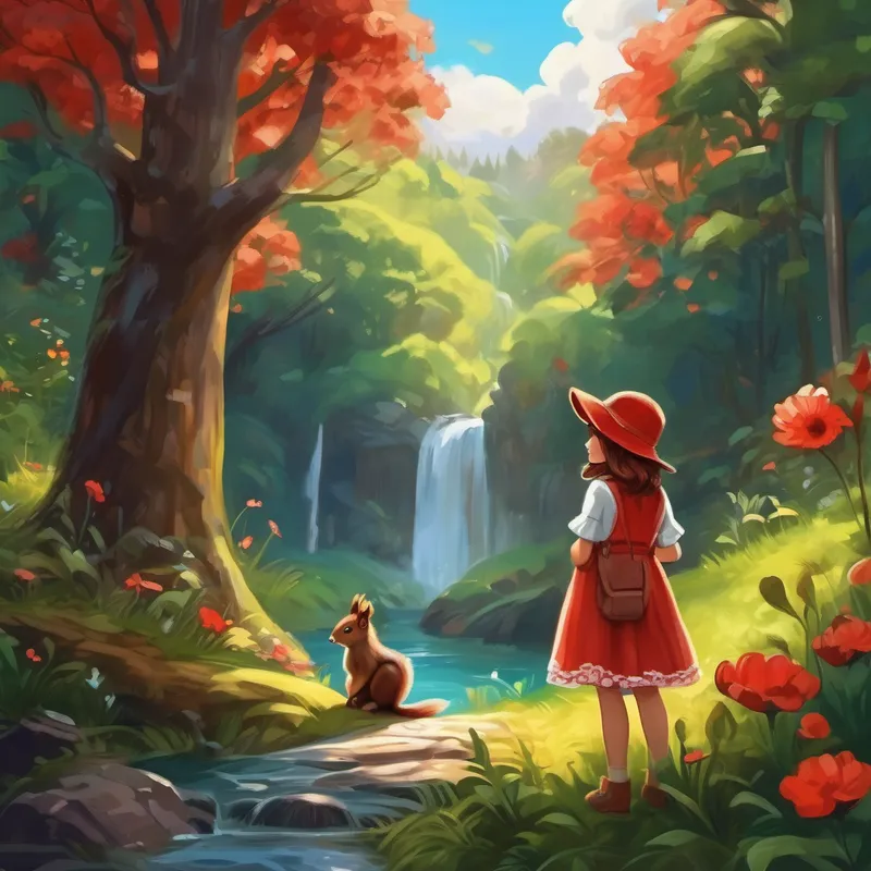 Curious girl with brown hair, wearing a floral dress. and Talking squirrel with shiny brown fur and a red hat. exploring hidden paths and secret waterfalls