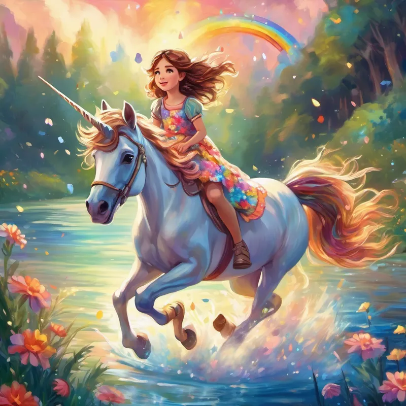 Curious girl with brown hair, wearing a floral dress. riding on Beautiful unicorn with rainbow-colored mane and sparkling horn.'s back, leaping over rivers