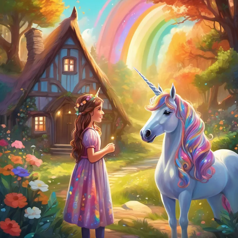 Curious girl with brown hair, wearing a floral dress. and Beautiful unicorn with rainbow-colored mane and sparkling horn. at Kind old wizard with a long white beard.'s cottage, magical forest glow
