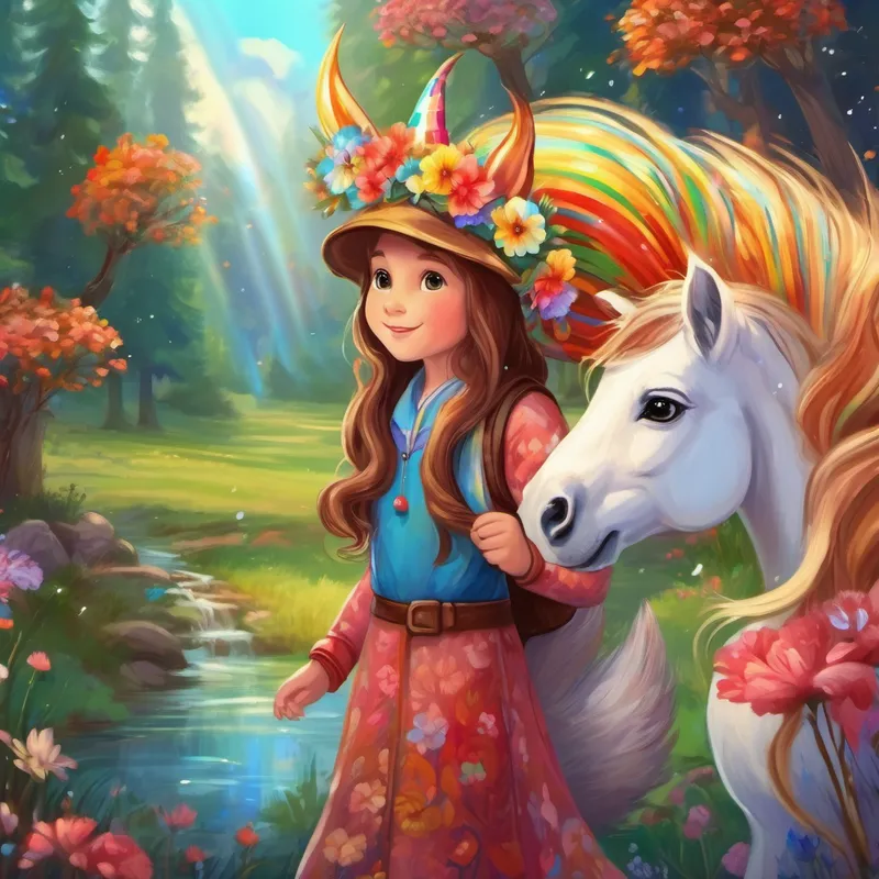 Curious girl with brown hair, wearing a floral dress. saying goodbye to Talking squirrel with shiny brown fur and a red hat., Beautiful unicorn with rainbow-colored mane and sparkling horn., and Kind old wizard with a long white beard.
