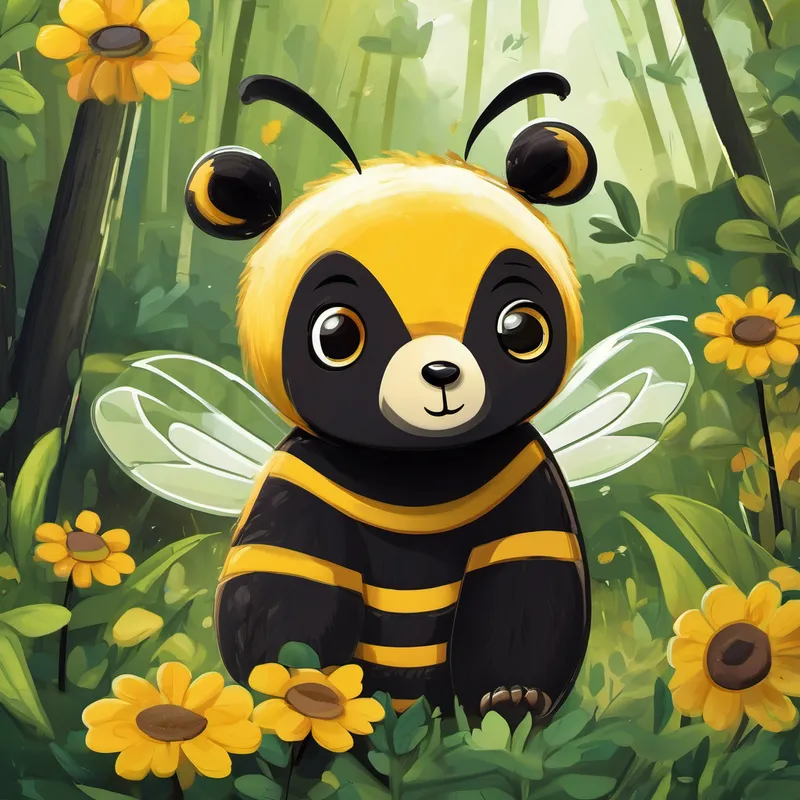 curious bear with brown fur and big black eyes and small, buzzy bee with yellow and black stripes meet in a lush forest. curious bear with brown fur and big black eyes is a curious bear with brown fur and big black eyes. small, buzzy bee with yellow and black stripes is a small and buzzy bee with yellow and black stripes.
