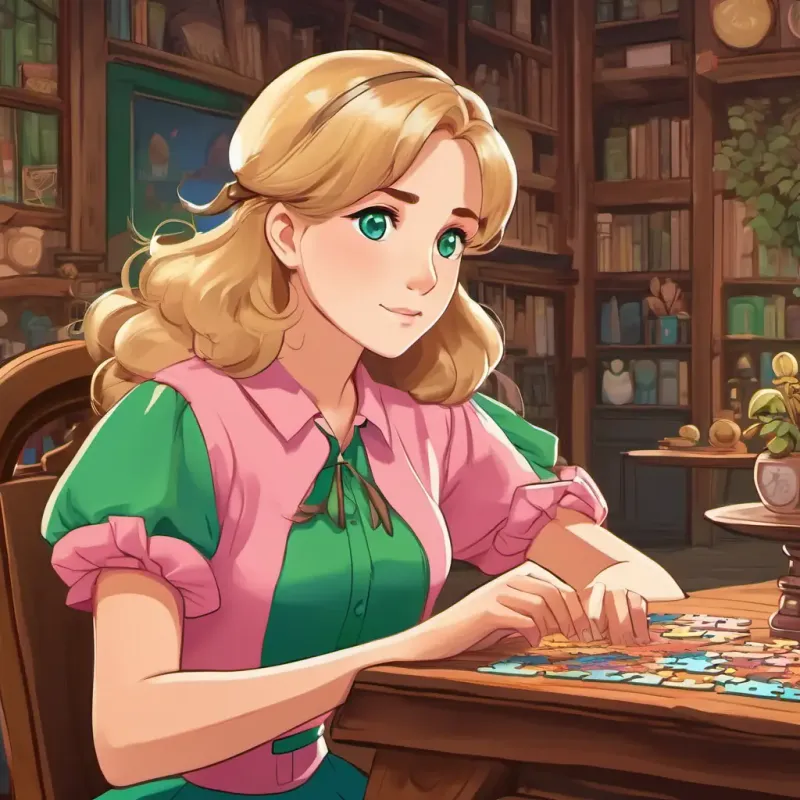 Blonde hair, blue eyes, wearing a pink dress and Brown hair, brown eyes, wearing a green shirt sitting at a table with a puzzle box.